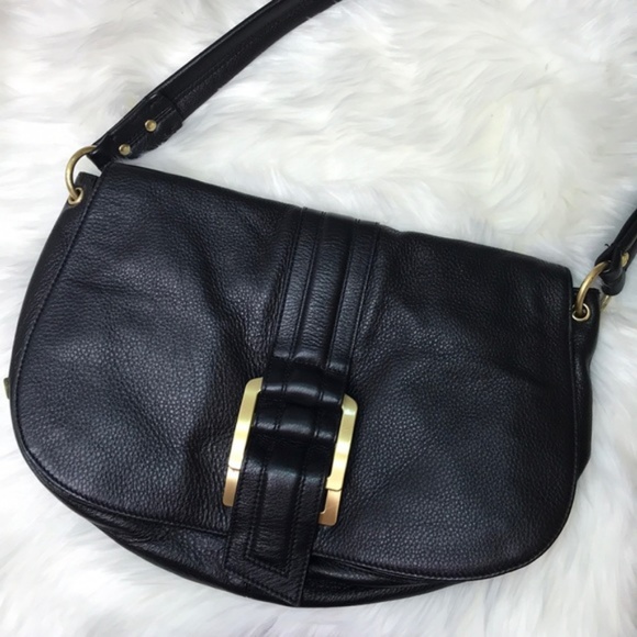 Tahari Black Leather Gold Buckle Shoulder Bag - Picture 2 of 6